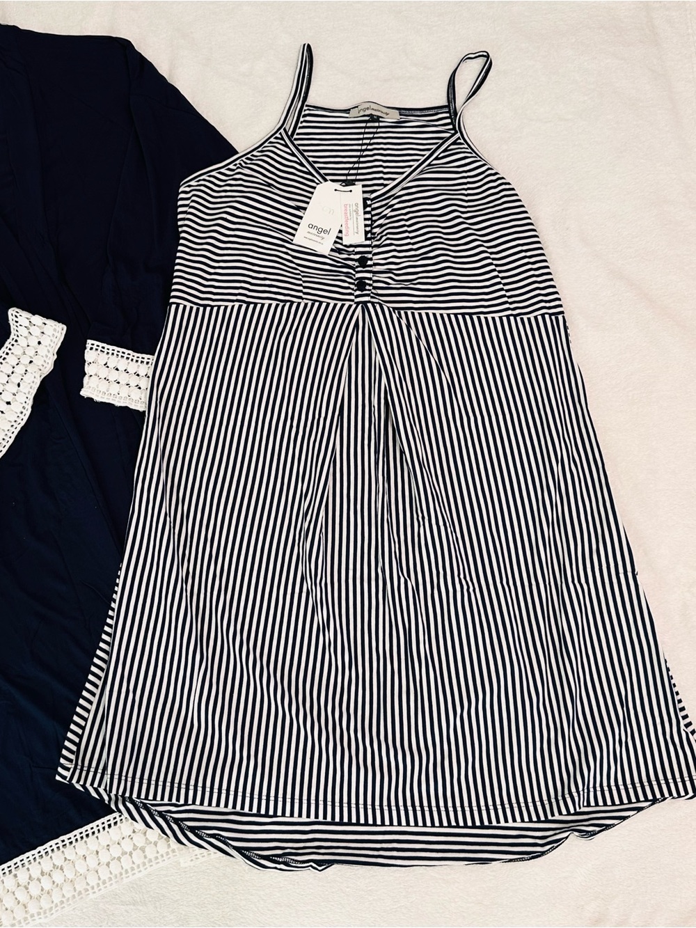 Angel Maternity Set: Navy Blue Lace-Trim Robe with NWT Striped Nightgown M/L - Picture 3 of 12